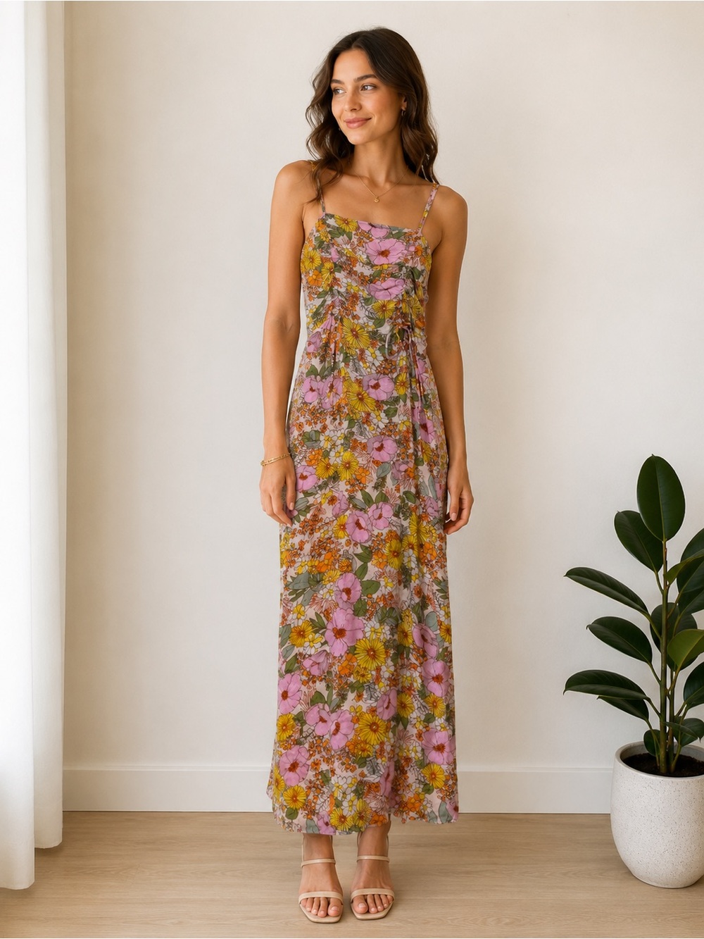 3rd + Malt Floral Maxi Dress Women’s Size S Pink Yellow Boho